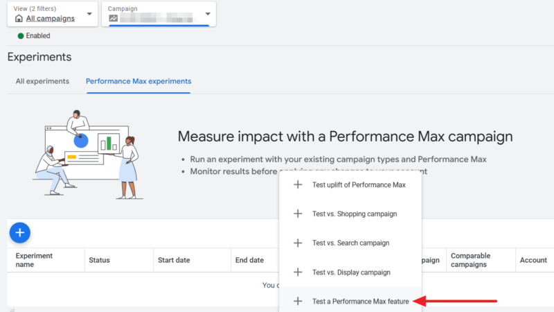 Screenshot of a dashboard titled "Experiments" with a section dedicated to "Performance Max experiments." A dropdown menu is expanded, highlighting "Test a Performance Max feature," showcasing the powerful capabilities of Google PMAX. The interface includes tabs and icons for managing experiments.