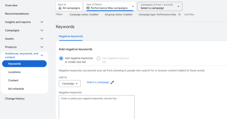 The Google Ads interface presents the "Keywords" section, highlighting options to add negative keywords crucial for campaign optimization. With tabs for tools like PMax at the top, users can efficiently manage their campaigns without exceeding the negative keyword limit.
