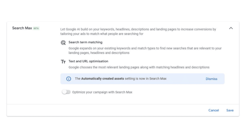 Screenshot of a Google Ads interface titled "Search Max." It offers options like keyword expansion, text and URL optimization. A notification indicates that "The Automatically created assets setting is now in Search Max.
