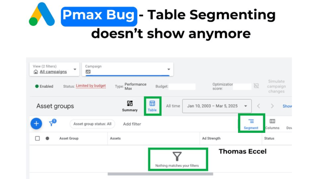 A screenshot of a software interface shows an error message, "PMax Table View Bug - Segmenting doesn't show anymore." The interface reads, "Nothing matches your filters," with key elements highlighted in green.