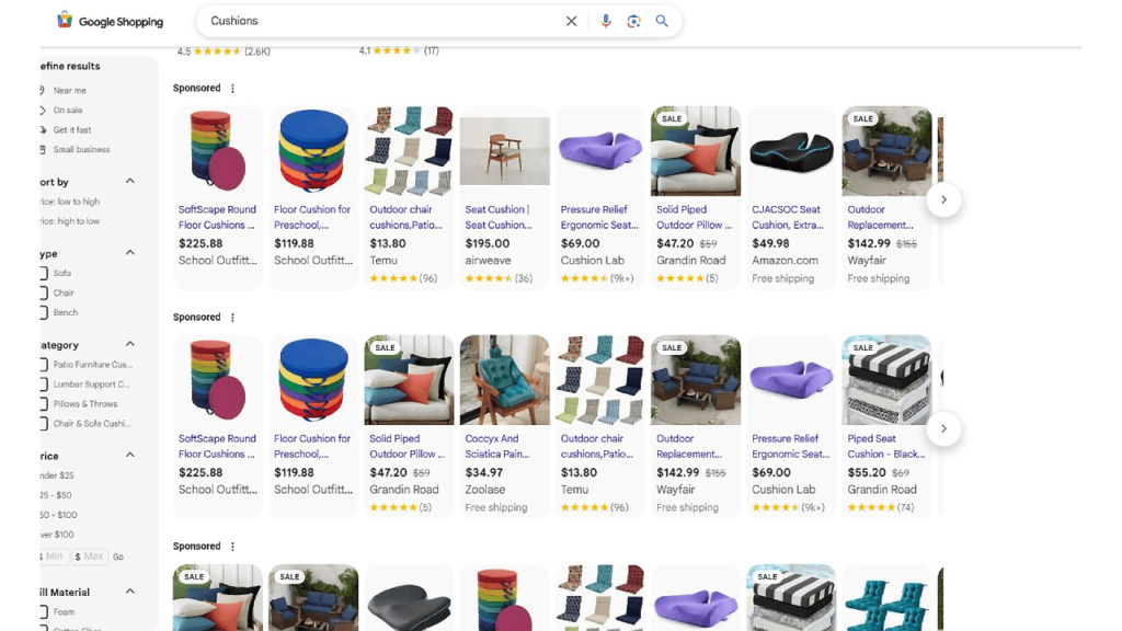 Google Shopping search results for "cushions" feature Google Shopping Ads, showcasing a variety of cushion options. Displayed in three rows are styles like round, square, and outdoor cushions from retailers such as Walmart, Target, and Amazon. Look out for sale tags on select items.