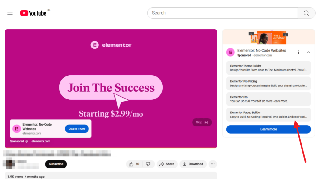 Screenshot of a YouTube video titled "Elementor: No-Code Websites." The video thumbnail is pink with text "Join The Success, Starting $2.99/mo," and an arrow pointing to it. Video description and details are on the right side.