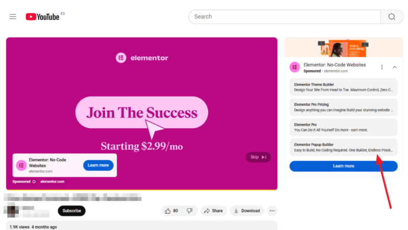 Screenshot of a YouTube video titled "Elementor: No-Code Websites." The video thumbnail is pink with text "Join The Success, Starting $2.99/mo," and an arrow pointing to it. Video description and details are on the right side.