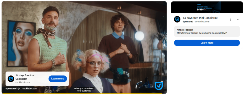 Three people pose in eclectic retro outfits; one wears a sleeveless top, scarf, and bracelets, another in glasses and curlers, the third in a brown sweater. A CookieBot ad overlay is visible on the desktop screen, offering a 14-day free trial with sitelinks to explore more features.