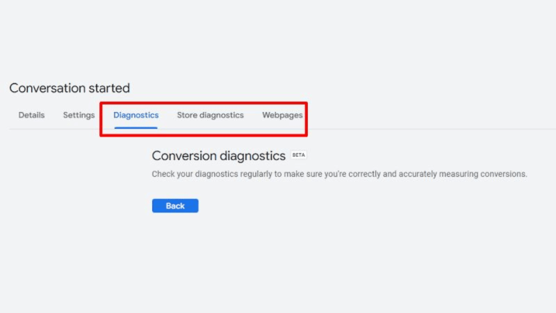 A webpage titled "Conversation started" features tabs like Details, Settings, and a highlighted Diagnostics tab. Under "Conversion diagnostics," it notes regular checks. Designed to be powerful for businesses, it seamlessly integrates WhatsApp Ads. A "Back" button is also visible.