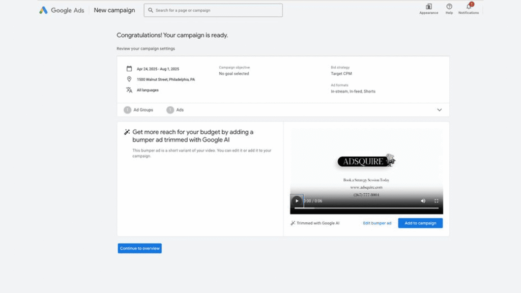 Screenshot of a Google Ads campaign setup page showing campaign details, a video ad preview for "AIDSQUIRE," and options to add bumper ads or continue to overview—ideal for managing AI-powered YouTube campaigns. Menu icons are visible at the top right.