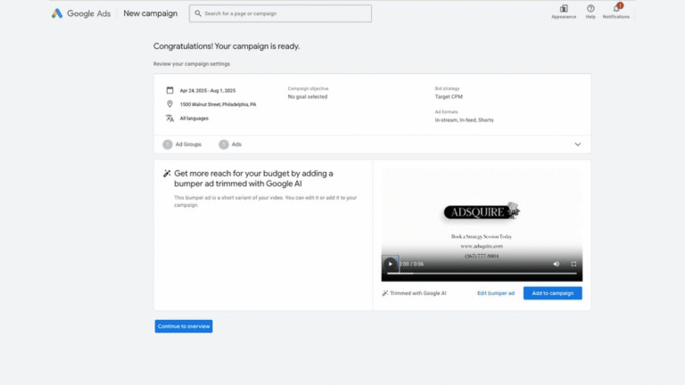 Screenshot of a Google Ads campaign setup page showing campaign details, a video ad preview for "AIDSQUIRE," and options to add bumper ads or continue to overview—ideal for managing AI-powered YouTube campaigns. Menu icons are visible at the top right.
