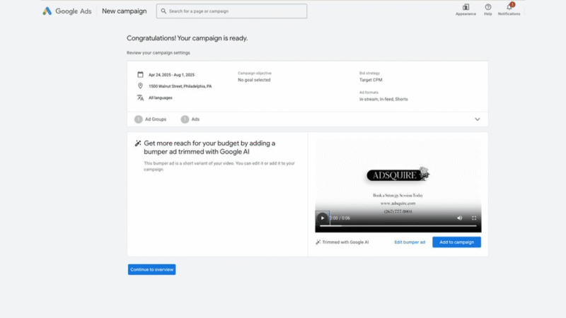Screenshot of a Google Ads campaign setup page showing campaign details, a video ad preview for "AIDSQUIRE," and options to add bumper ads or continue to overview—ideal for managing AI-powered YouTube campaigns. Menu icons are visible at the top right.