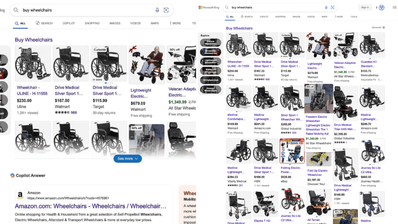 Screenshot of Google search results for "buy wheelchairs," highlighting shopping ads with wheelchair images, ratings, prices, retailers like Walmart and Amazon, plus an expandable view similar to Bing shopping ads on desktop.