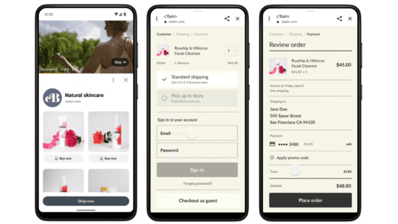 Three smartphone screens display a U.S. online store for natural skincare: browsing products, selecting shipping, and viewing a Merchant checkout order summary for Roship & Hibiscus Facial Cleanser with online payment, totaling $48.80.