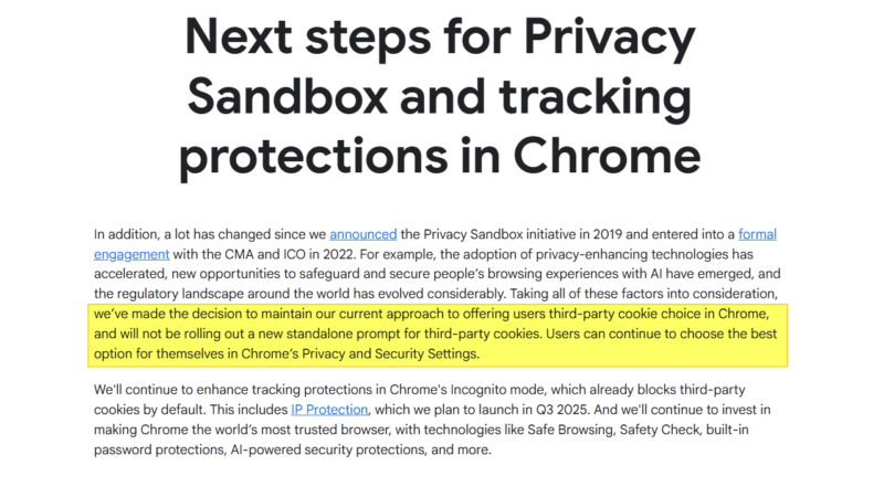Screenshot of a Google Chrome announcement about third-party cookie deprecation. Highlighted text shows users can still manage cookies through Chrome’s Privacy and Security Settings, without a new standalone prompt being introduced.