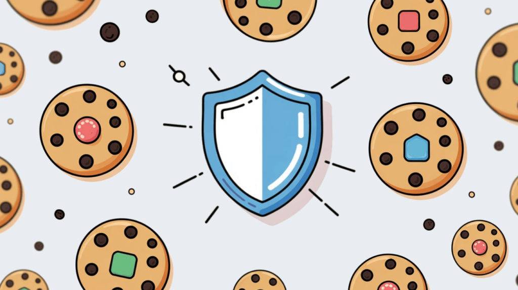 A blue and white shield icon is surrounded by cartoon chocolate chip cookies and crumbs on a light background, suggesting internet cookie protection or privacy with consent mode enabled.