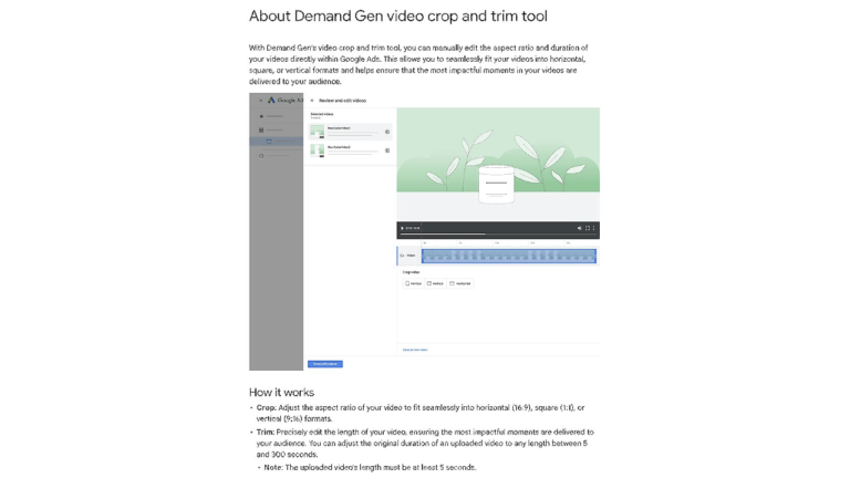 Screenshot of a webpage showcasing the Demand Gen video crop and trim tool. It features an illustration of the crop & trim interface set against a green abstract background, with text detailing how the tool optimizes Demand Gen Video Ads using specific guidelines and features.