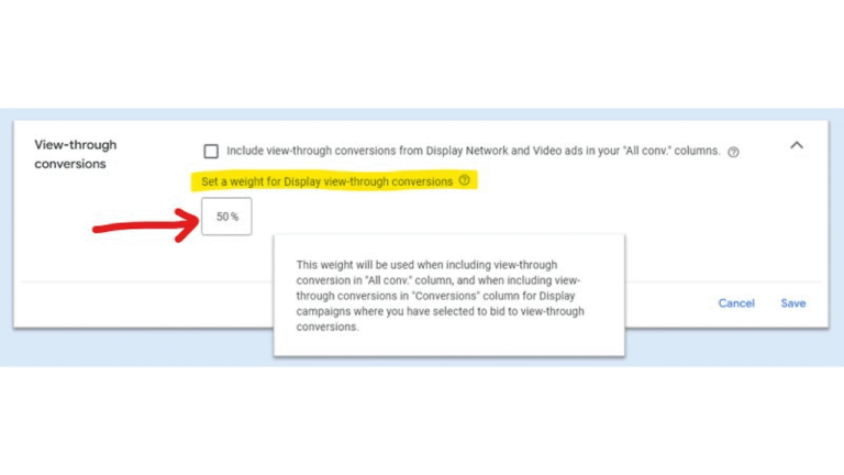 A screenshot of a Google Ads setting for View-Through Optimization. A yellow box highlights "Set a weight for Display view-through conversions," with a red arrow pointing to the "50%" input box below—ideal for PMax or Demand Gen campaigns.