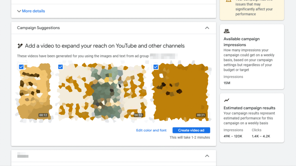 A digital dashboard for Demand Gen displays a campaign suggestions section, prompting the user to add a video to expand reach. Blurred video generation thumbnails appear, with estimated impressions and Google ad results shown on the right side.