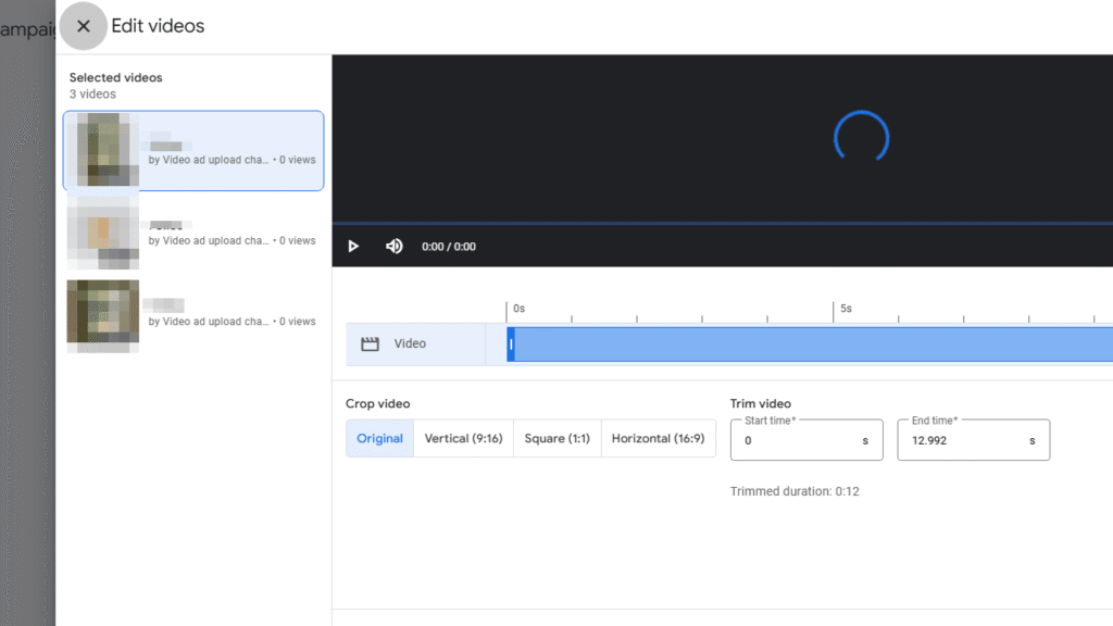 Screenshot of a video editing interface featuring Google’s video generation tools. Three selected videos appear on the left, while the main area offers cropping and trimming options, with timeline controls to adjust start and end times for your Demand Gen campaign.