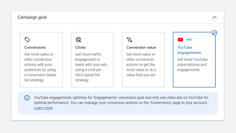 Screenshot of a Google Ads campaign goal selection interface featuring four options: Conversions, Clicks, Conversion value, and YouTube engagements. The YouTube engagements option is highlighted, showing detailed information about boosting YouTube subscriptions and views below.