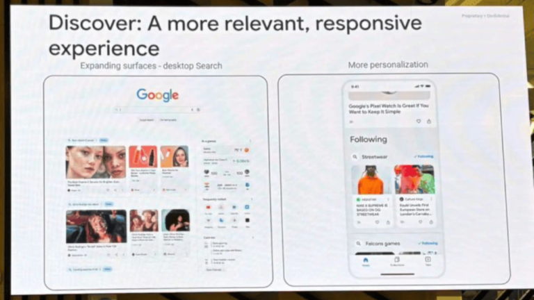 A presentation slide showing two images. On the left, a desktop Google search page with images and text results. On the right, a mobile screen highlighting personalized content with images through Google Discover. The title reads, "Discover: A more relevant, responsive experience.