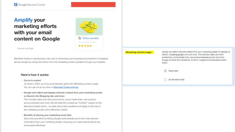 Screenshot of a Google Merchant Center email titled "Amplify your marketing efforts with your email content on Google Shopping," displaying a pair of yellow sandals. On the right, a consent settings box for "Marketing content usage" offers options to store or not store data, helping you effectively promote your products.
