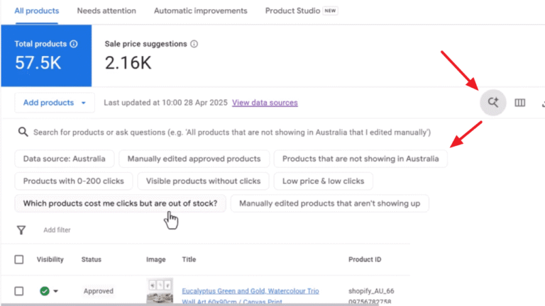 A Google Merchant Center dashboard displays 57.5K total products and 2.16K sale price suggestions, with red arrows highlighting the refresh icon. Smarter filtering options and various product filter tags appear below the search bar.