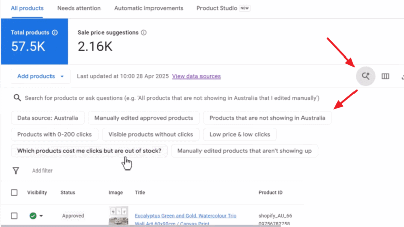 A Google Merchant Center dashboard displays 57.5K total products and 2.16K sale price suggestions, with red arrows highlighting the refresh icon. Smarter filtering options and various product filter tags appear below the search bar.