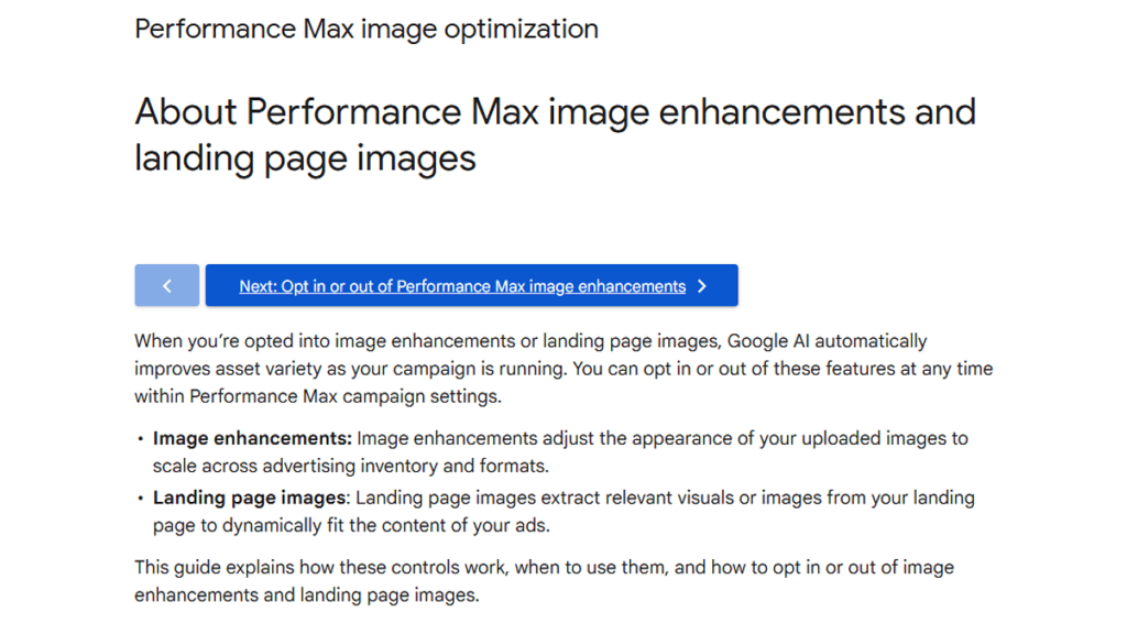 Screenshot of a Google support page titled "About Performance Max image enhancements and landing page images," explaining how PMAX uses Automatically Created Assets and images in campaign settings. A blue button labeled "Next: Opt in or out of Performance Max image enhancements" is visible.