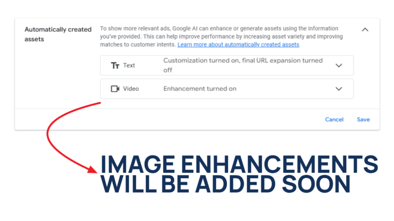 A digital interface displays Automatically Created Assets settings in PMAX, with options for text and video enhancements. A red arrow points to bold text stating, "IMAGE ENHANCEMENTS WILL BE ADDED SOON.