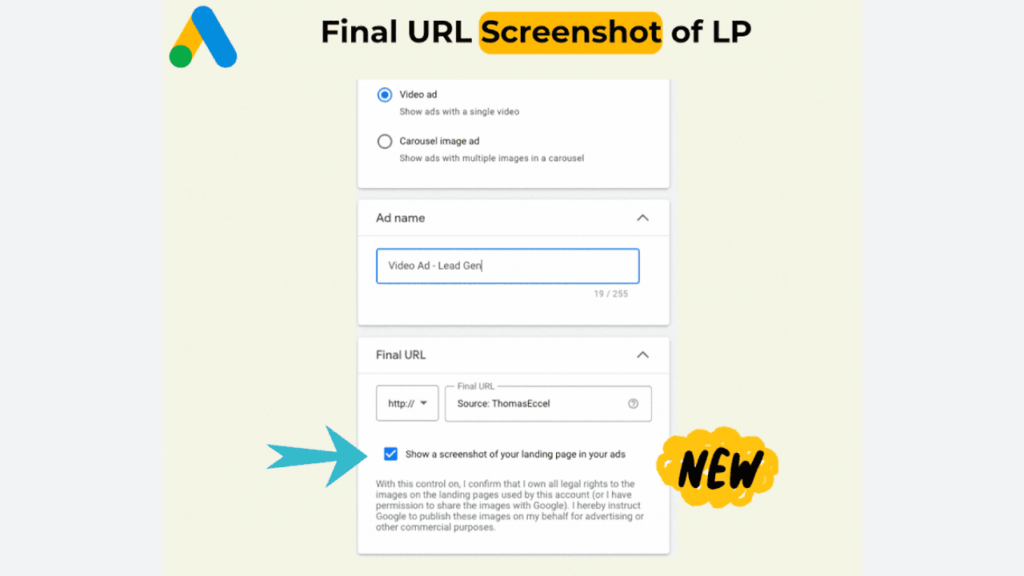 The Google Ads interface showcases options for various ad types, including Demand Gen Ads and a checkbox for Google Auto-Generated Previews of landing pages. It features video ad options, space for naming, and URL input. The text reads "Final URL Screenshot of LP" with a graphic "NEW" cloud.