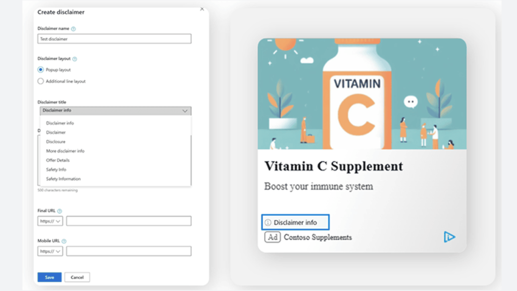 The user interface for creating a disclaimer features a left panel with fields for title, text, layout, and final URL input. The right panel displays a Vitamin C supplement ad seen in Microsoft Advertising's Shopping Ads, with the option to add disclaimer info highlighted.
