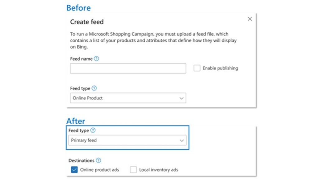 Screenshot of a web page displaying options for creating feeds. In the "Before" section, fields for feed name and type appear with publishing enabled. The "After" section highlights "Primary feed" with choices for online product ads, local inventory ads, and Shopping Ads via Microsoft Advertising.
