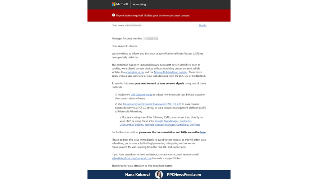 A screenshot of a Microsoft Ads email informing users in Europe to send or re-send EU user consent signals for UET Tag with instructions and links to avoid disruptions in Universal Event Tracking.