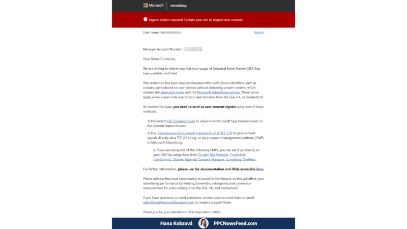 A screenshot of a Microsoft Ads email informing users in Europe to send or re-send EU user consent signals for UET Tag with instructions and links to avoid disruptions in Universal Event Tracking.