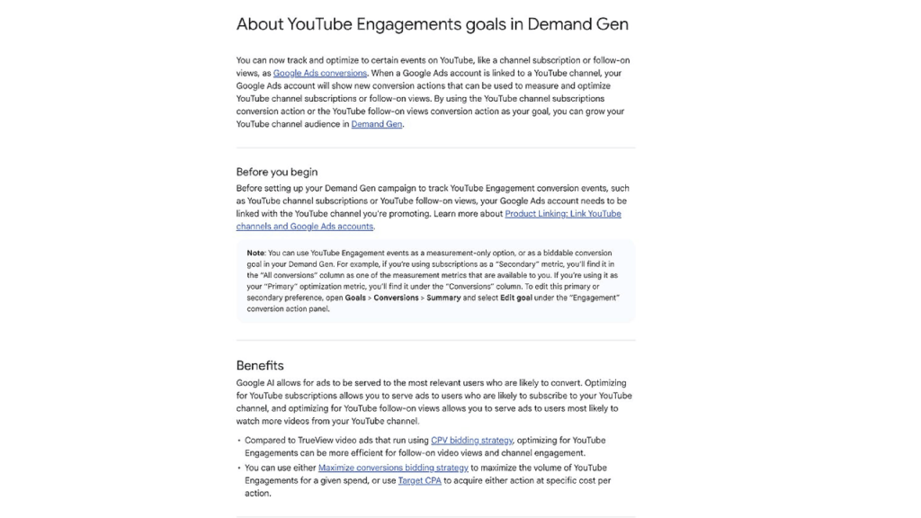 Screenshot of a Google support page titled "About YouTube Engagements goals in Demand Gen." It outlines tracking YouTube engagement events, including YouTube Subscriptions and Views. Sections like "Before you begin" and "Benefits" highlight conversion actions, ad strategies, and integration with Google Ads.