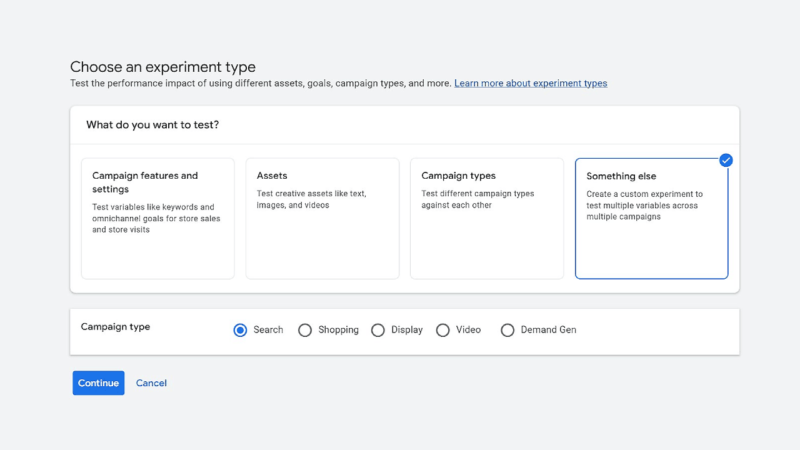 A UI Design selection screen titled "Choose an experiment type" in Google Ads displays four options: Campaign features and settings, Assets, Campaign types, and Something else. "Something else" is selected, with Search chosen under Experiments.