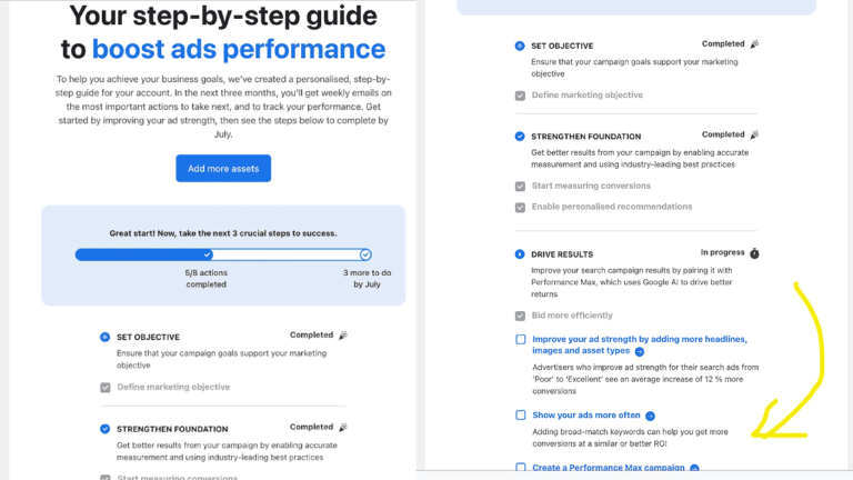 A digital guide titled "Your step-by-step guide to boost ads performance" shows a progress bar, completed steps, tasks in progress, and recommendations. Advertisers see a yellow arrow at the bottom right, pointing to suggested Boost Plan actions.