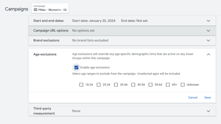 A campaign settings interface shows options for start/end dates, campaign URL, brand and age exclusions, and third-party measurement. The “Age exclusions” section allows selecting specific age ranges to exclude from the campaign.