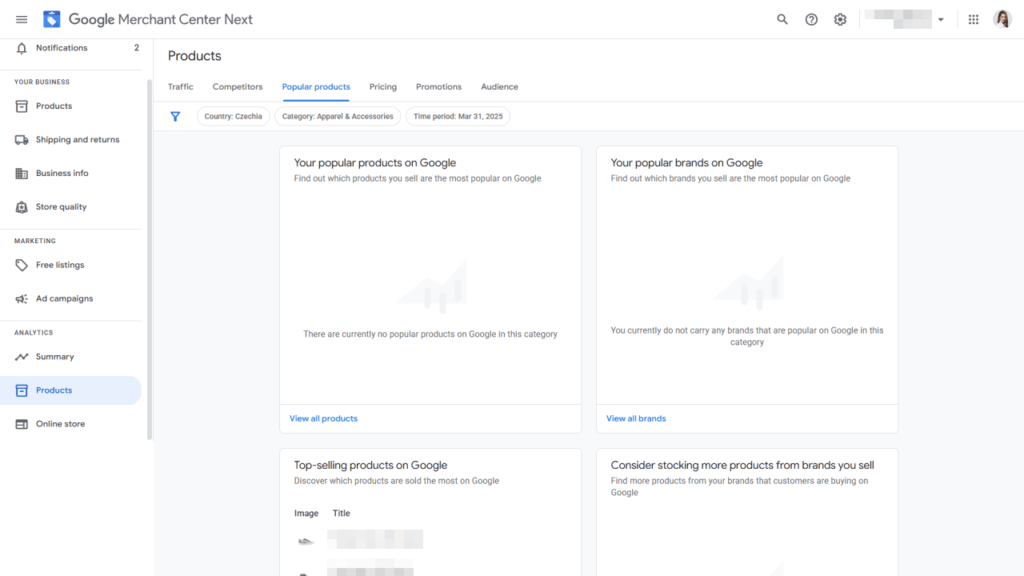 Screenshot of the Google Merchant Center Next dashboard displaying Insights in the 'Popular Products' tab under Products. The sections currently show empty states, indicating no popular products or brands are available.
