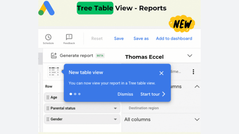Screenshot of a Google Ads interface highlighting the new Tree Table View feature in Google Ads Reports, with options to start a tour or dismiss the message, and "NEW" marked in the top corner.