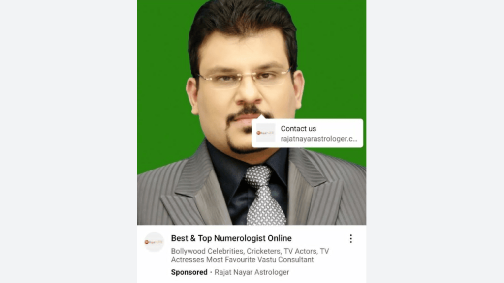 A man in a striped suit and tie with glasses stands against a green background. A text overlay advertises "Best & Top Numerologist Online" with a contact link for "rajatnayarastrologer.com.
