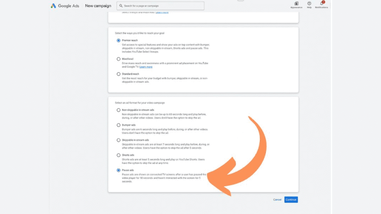A Google Ads campaign setup screen for advertisers shows campaign goal and video ad format options, with a large orange arrow highlighting the “Non-skippable in-stream ad” selection—great for promoting new real estate or YouTube Pause Ads. A blue "Continue" button is bottom right.