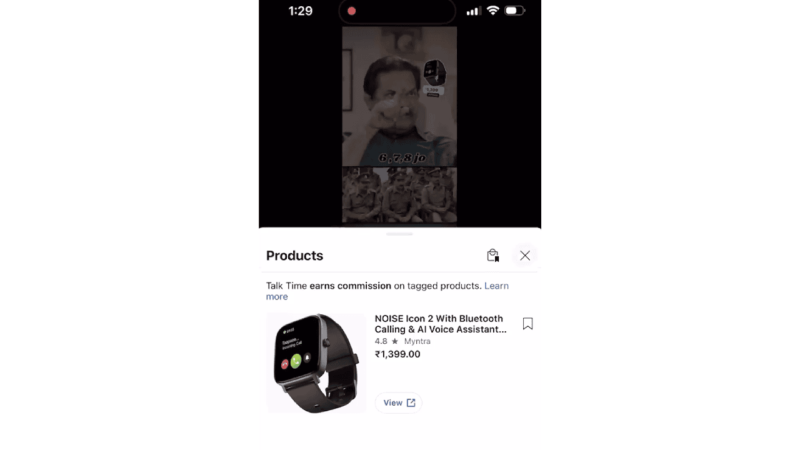 On a YouTube video call interface, a person gestures with their right hand while holding paper in their left. Below, an affiliate product ad for the NOISE Icon 2 smartwatch showcases Bluetooth and voice assistant features along with its price.