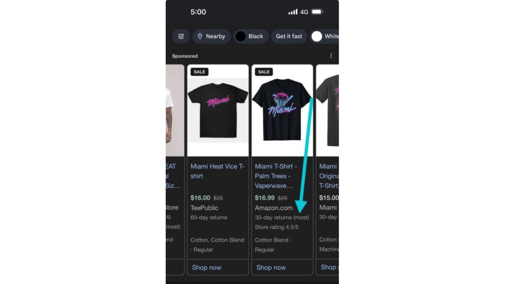 A smartphone screen displays online shopping results for Miami Vice-themed T-shirts, featuring Shopping Ads with one shirt highlighted and an arrow pointing to its Amazon listing, showing prices, ratings, 30-Day Returns info, and "Shop now" buttons.
