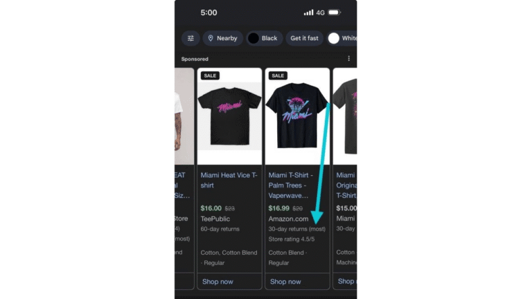 A smartphone screen displays online shopping results for Miami Vice-themed T-shirts, featuring Shopping Ads with one shirt highlighted and an arrow pointing to its Amazon listing, showing prices, ratings, 30-Day Returns info, and "Shop now" buttons.