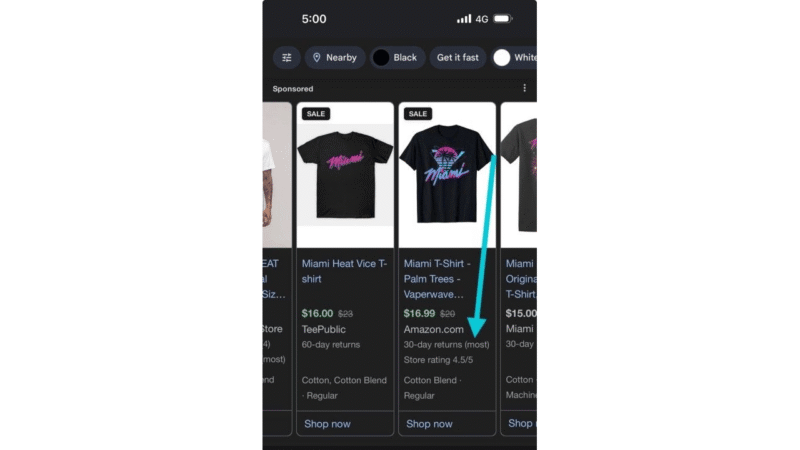 A smartphone screen displays online shopping results for Miami Vice-themed T-shirts, featuring Shopping Ads with one shirt highlighted and an arrow pointing to its Amazon listing, showing prices, ratings, 30-Day Returns info, and "Shop now" buttons.