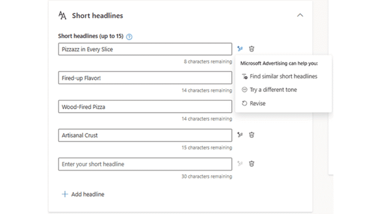 Screenshot of a form for entering short headlines, with fields filled in like "Pizzazz in Every Slice" and "Wood-Fired Pizza." A pop-up offers options from Microsoft Advertising: find similar headlines, change tone, or revise.