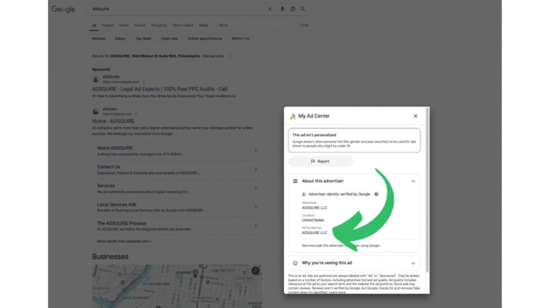 A Google search results page for "Acquire" with a Google Ads-funded ad at the top. A "My Ad Center" popup reveals ads transparency details, including verification, reasons for seeing the ad, and a partially visible map at the bottom left.