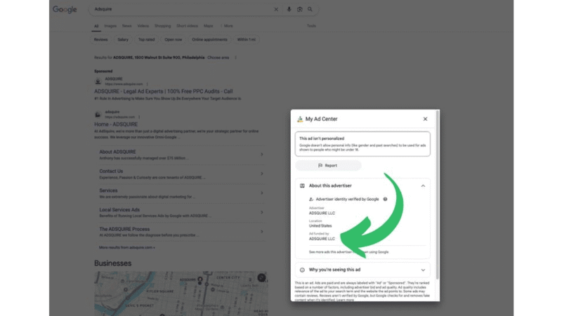 A Google search results page for "Acquire" with a Google Ads-funded ad at the top. A "My Ad Center" popup reveals ads transparency details, including verification, reasons for seeing the ad, and a partially visible map at the bottom left.