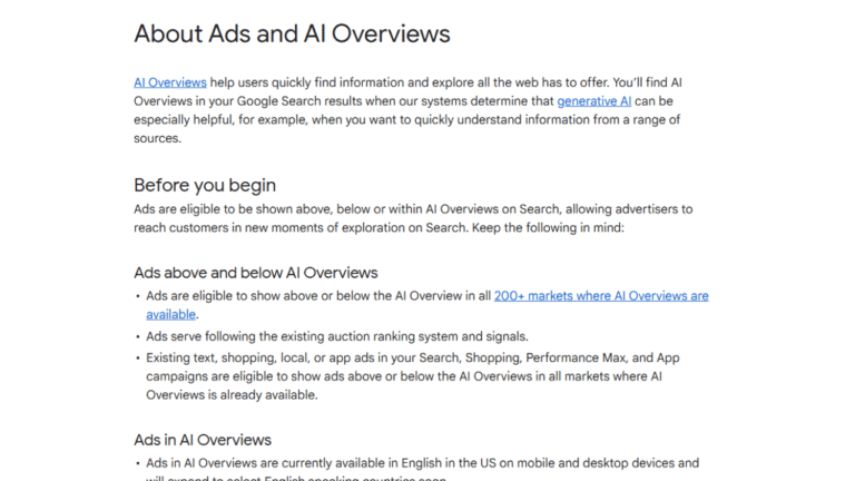 Screenshot of a webpage titled "About Ads and AI Overviews" explaining how ads may appear with AI Overviews in Google Search and listing conditions for ad eligibility, with section headings and links visible.