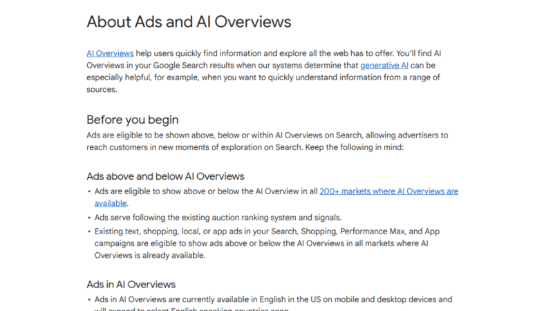 Screenshot of a webpage titled "About Ads and AI Overviews" explaining how ads may appear with AI Overviews in Google Search and listing conditions for ad eligibility, with section headings and links visible.