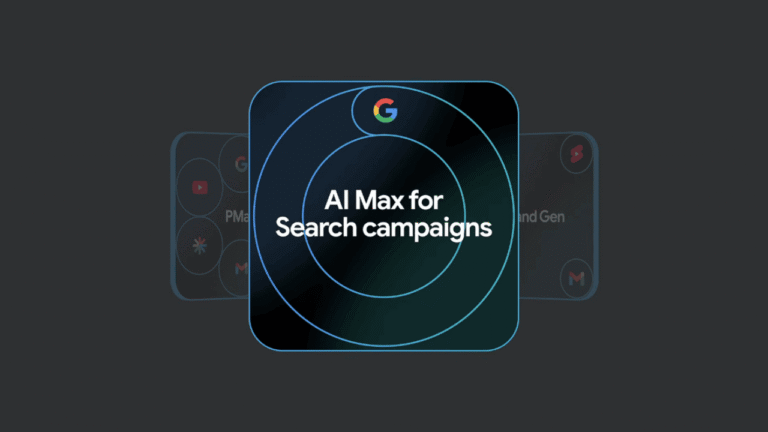 A graphic featuring the Google logo and concentric circles with the text "AI Max for Search Campaigns" in the center, highlighting keywordless targeting, set against a dark background with faint app icons visible behind.